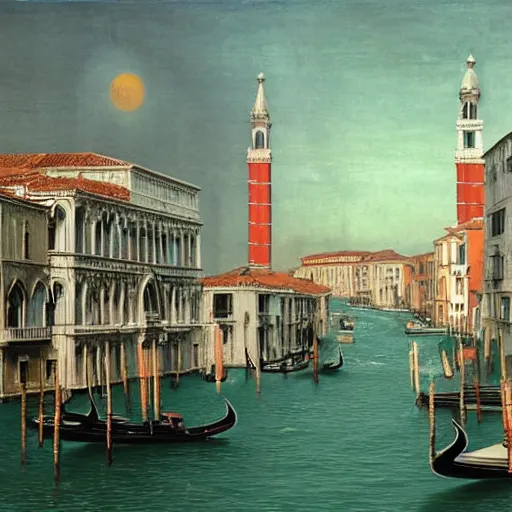 Image similar to Venice in 2075, futuristic, matte painting by Giorgio de Chirico and David A. Hardy