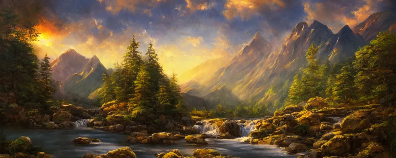 Image similar to a serene landscape with mountains and waterfall, oil painting, light brush strokes, cinematic light, sunset, intricate details, dynamic