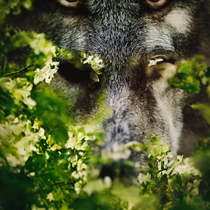 Prompt: overgrown foliage taking over a realistic wolf skull, close - up, 3 5 mm, f 1. 8, bokeh, beautiful, lens flare, emotional, sweet, flowers, detailed, picture, artstation, award - winning