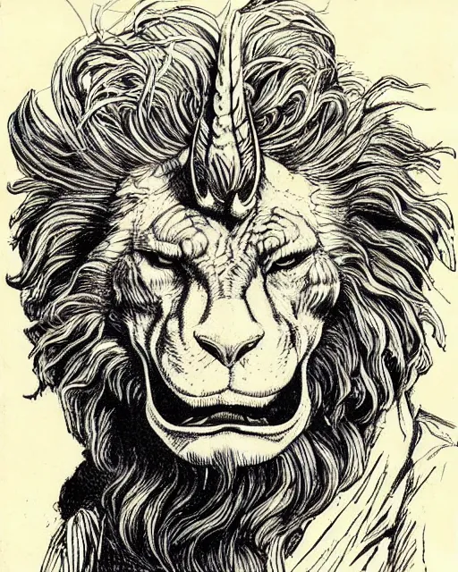 Image similar to a creature with the body and eyes of a man, beak of an eagle, the mane of a lion, two horns of an ox. drawn by moebius