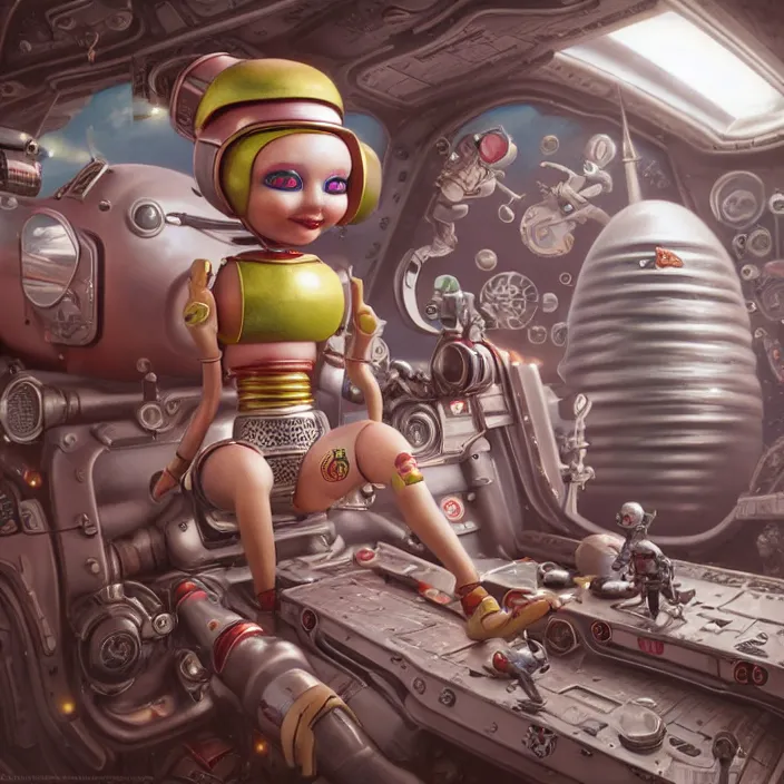 Image similar to highly detailed closeup, portrait of a tin toy bikini spacegirl in a spaceship on mars, unreal engine, nicoletta ceccoli, mark ryden, earl norem, lostfish, global illumination, detailed and intricate environment