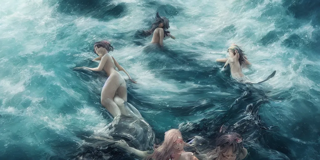 Prompt: Digital art Pixiv, Stunning mermaids swimming in a murky ocean, Kim Jung Gi, Greg Rutkowski, Darek Zabrocki, Karlkka, Jayison Devadas, Phuoc Quan, trending on Artstation, 8K, ultra wide angle, zenith perspective, pincushion lens effect