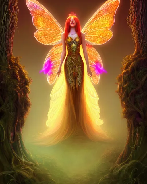 Image similar to portrait, stunningly beautiful female faerie priestess in amanita muscaria forest landscape, symmetrical wings on back, neon hair, wearing a dress of gossamer gold, inner glow, illustration, dramatic lighting, soft details, painting, art nouveau, octane render, 8 k, hd, by brom, faces by otto schmidt