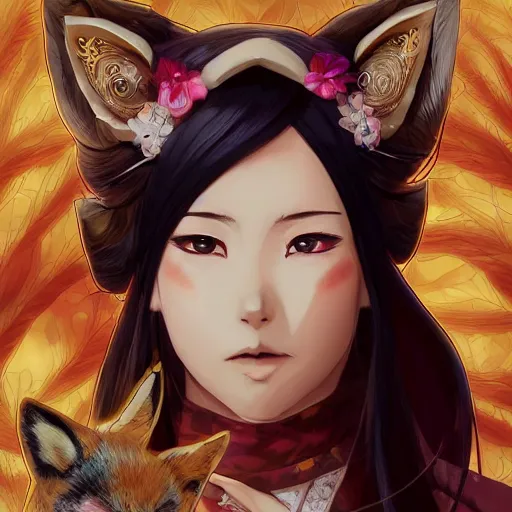 Image similar to A close-up anime portrait of Ssunbiki a noble Japanese lady with fox ears wearing a silk kimono from Skyrim, by a professional manga illustrator, Stanley Artgerm Lau, WLOP, Rossdraws, James Jean, Andrei Riabovitchev, Marc Simonetti, and Sakimichan, tranding on artstation