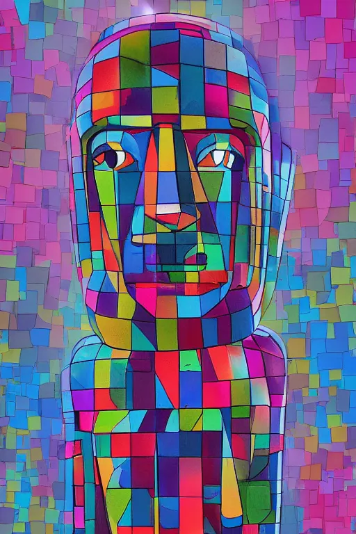 Image similar to cubist moai statue cutout digital illustration cartoon colorful beeple