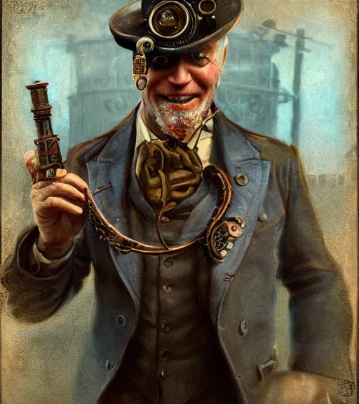 Prompt: portrait of steampunk joe biden cosplaying, by wlop, by simon stalengrad, by ilya repin, bioshock screenshot, photorealistic fan art, detailed shading, intricate abstract, steampunk impressionism