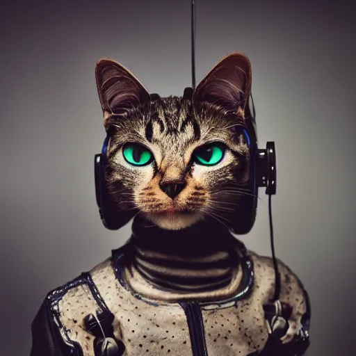 Image similar to portrait of a cute cyberpunk cat, realistic, futuristic, robot, professional photography