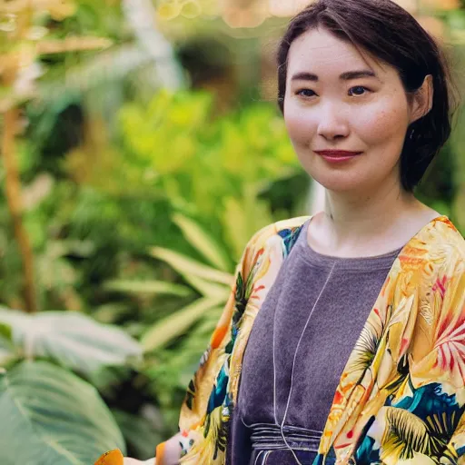 Image similar to Medium format portrait of a beautiful woman wearing a yellow kimono in a tropical greenhouse, she has a very detailed barn owl on her shoulder, ,graflex, 85mm f1.8, bokeh