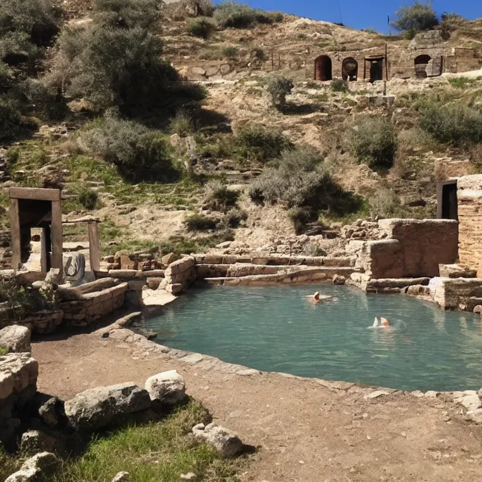 Image similar to ancient roman hot springs with dog relaxing everywhere