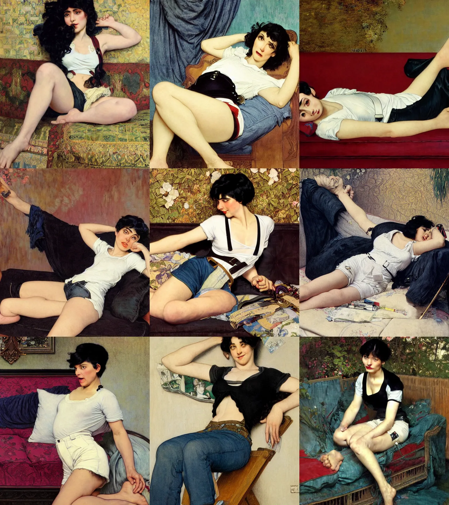 Prompt: a woman with black hair and long pixie haircut in shorts lying on couch with suspenders and white t-shirt drawn by slb, Alexandre Cabanel, norman rockwell, frank frazetta, maler collier, peter paul rubens, alphonse mucha, gustav klimt 4k, unreal 5, DAZ, french noveau, trending on artstation, octane render, hyperrealistic