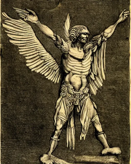 Prompt: human - eagle creature with one big beak, drawn by da vinci