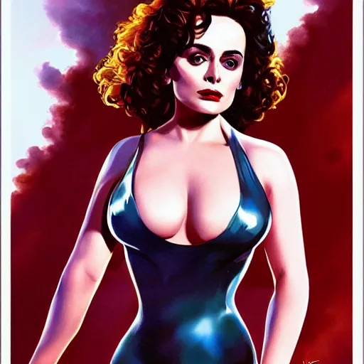 Prompt: Helena Bonham Carter as a Bond girl, artstation, Joe Jusko, concept art, 8k