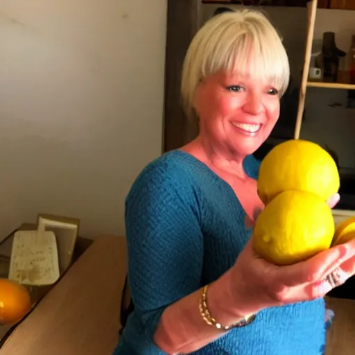 Image similar to Jill Tyrell from nighty night holding a lemon