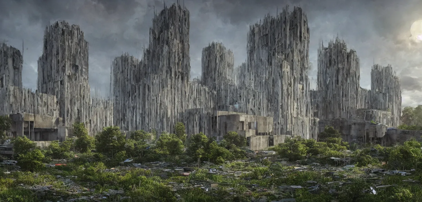 Image similar to an extremely detailed cathedral of brutalist architecture, surrounded by lush green vegetation, stunning volumetric lighting, sunset, rusted metal, concrete, translucent material, stunning skies, scattered rubbish and debris, 8k, photorealistic, hyper detailed, unreal engine 5, IMAX quality, cinematic, epic lighting, digital painting in the style of DOOM and Quake, by Greg Rutkowski, trending on Artstation
