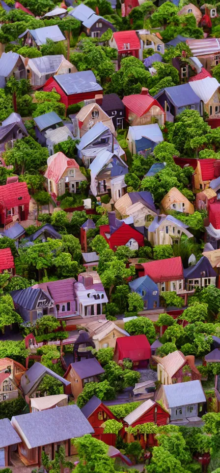 Prompt: Miniature town with wooden houses, 4K render, depth of field, natural lighting