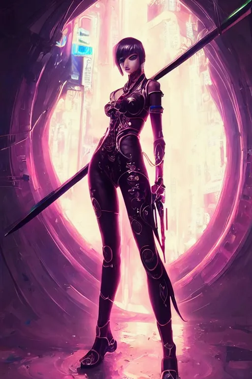 Image similar to fiora from league of legends, cyberpunk futuristic neon. long sword in her hand, decorated with traditional japanese ornaments by ismail inceoglu dragan bibin hans thoma greg rutkowski alexandros pyromallis nekro rene maritte illustrated, perfect face, fine details, realistic shaded, fine - face, pretty face, masterpiece