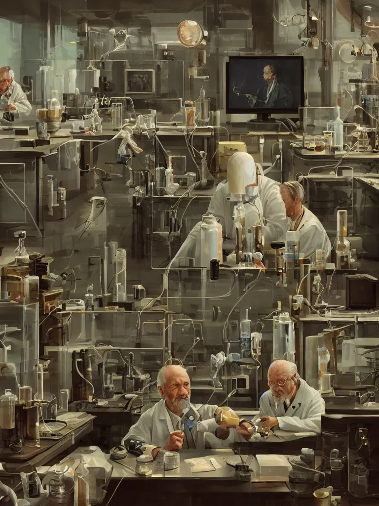 Prompt: a portrait of a scientists in the laboratory in a painting from stalenhag, 4 k, 8 k, hdr, artstation, concept art