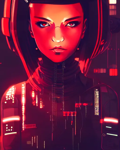 Prompt: a detailed potrait of a cyberpunk cyborg girl with black and red parts, fine - face, realistic shaded perfect face, fine details. night setting. very anime style. realistic shaded lighting poster by ilya kuvshinov katsuhiro, unreal engine, global illumination, radiant light, detailed and intricate environment