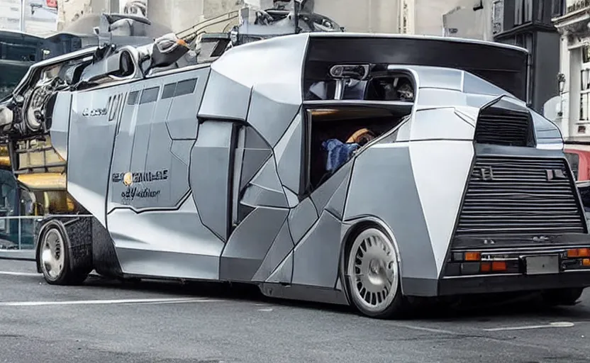 Image similar to a time-traveling delorean styled semi truck with trailer