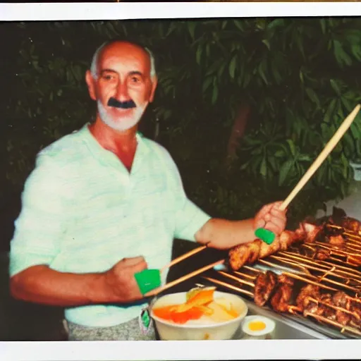 Prompt: polaroid picture of francisco franco grilling skewers in torremolinos with a green thong from bora