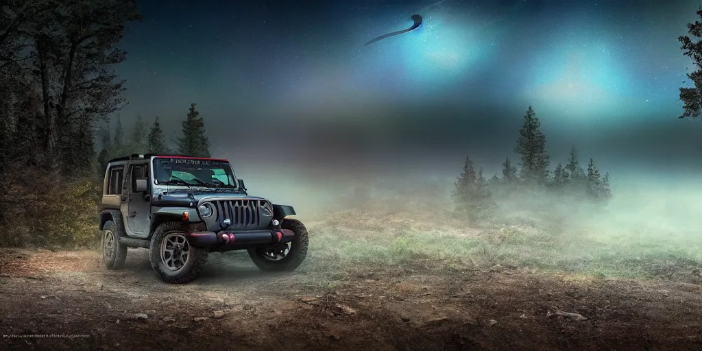 Prompt: a dirty 1997 hardtop Jeep Wrangler off road, digital painting, beautiful iridescent fog swallows the dirty alien planet, planets can be seen in the sky above, in front of an amazing forest, gritty, cinematic, extraordinary colorful landscape, photorealistic, soft vintage glow, 4k, hd