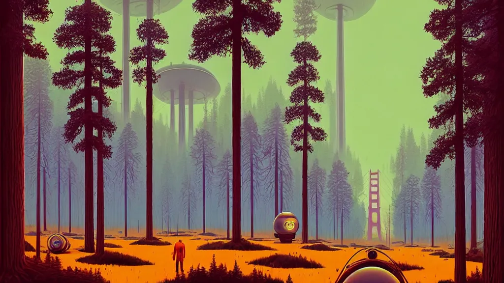 Image similar to Clean, Cheap Abundant,Nuclear Energy Future, Forest in Harmony with Nature; Location: San Francisco, California; by Simon Stålenhag; retro-futuristic ; retro natural-futurism;