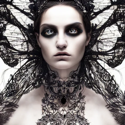 Image similar to a portrait of female model by stefan geselle and nekro borja, photorealistic, intricate details, hyper realistic, ornate headpiece, dark beauty, photorealistic, canon r 3, wide shot, photography, dark beauty, symmetrical features, wide angle shot