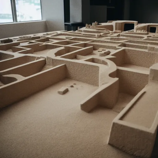 Prompt: indoor photo of a complex brutalist citadel made of 3 d printed rammed earth, people walking