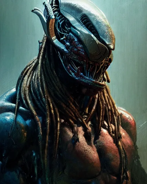 Image similar to a portrait of the predator fantasy character portrait, ultra realistic, cinematic, concept art, wide angle, intricate details, hologram, highly detailed by greg rutkowski, wayne barlowe, simon bisley, arthur rackham