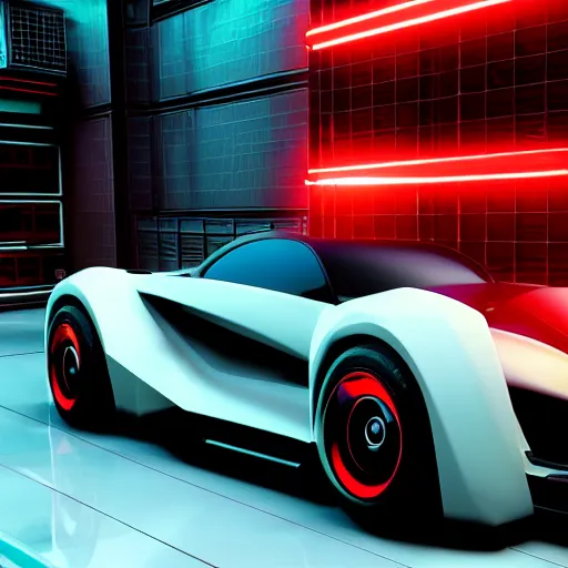 Image similar to cyberpunk concept inspired sports car, futuristic look, highly detailed, photorealistic camera shot, bright studio setting, studio lighting, crisp quality and light reflections, unreal engine 5 quality render