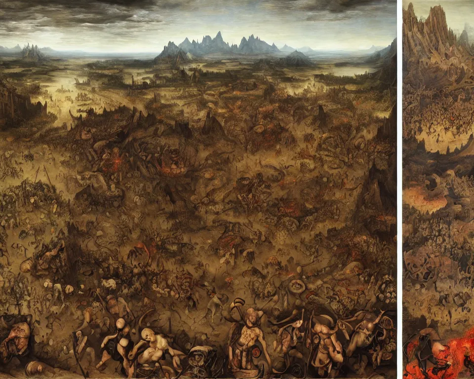 Image similar to doom eternal by jakub rozalski, zoomed garden of eternal delights hell by hieronymus bosh, zoom on triumph of death by pieter brueghel, doom eternal by hieronymus bosh