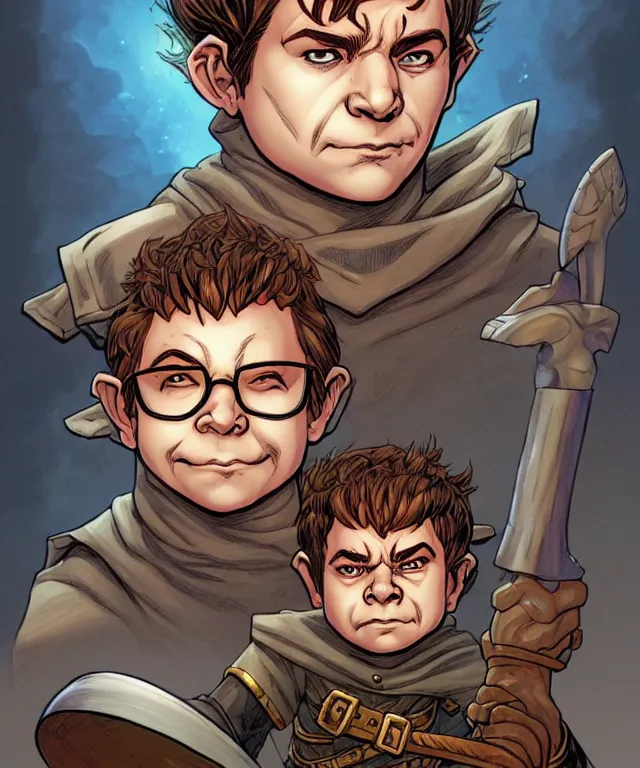 Prompt: a ( fantasy comic ) ( cover art ) portrait of a halfling burglar who looks like ( rick moranis ), digital illustration by jenny frison and sana takeda and kentaro miura, fine inking lines, dnd, highly detailed!, hd, 4 k, trending on artstation