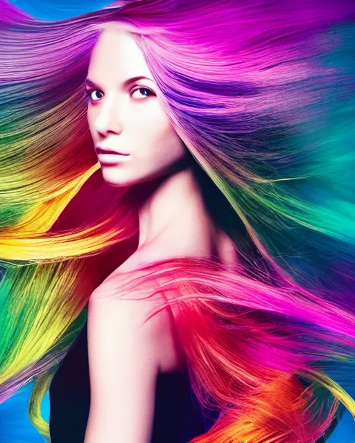 Prompt: dynamic pantene lux hair flip, chic graphic street fashion model, color interference, high fashion photograph portrait, isolated background, WLOP, Alexis Franklin, Felipe Pantone