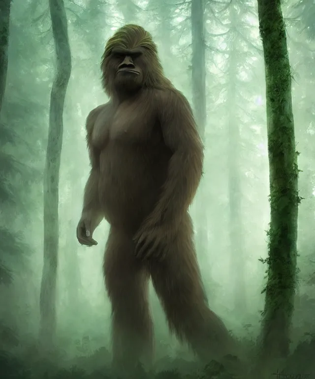 Prompt: bigfoot by charlie bowater and titian and artgerm, full - body portrait, intricate, face, forest, elegant, green mist, highly detailed, dramatic lighting, sharp focus, trending on artstation, artstationhd, artstationhq, unreal engine, 4 k, 8 k