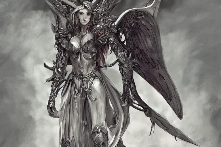Image similar to concept art, woman angel in armor, large wingspan, dramatic pose, full color digital art