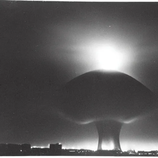 Image similar to dark photo of a nuclear explosion in new york in the year 1 9 5 1, black and white