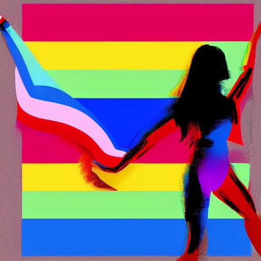 Image similar to Transgender pride flag waved by a woman, digital painting, award winning