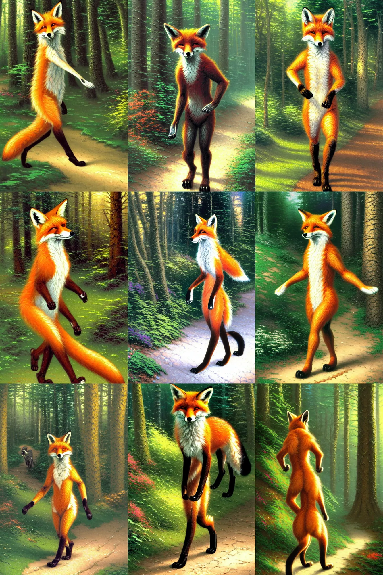 Prompt: anthro digitigrade natural - colored fox person with black paws, walking upright in a forest, thomas kinkade