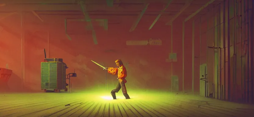 Image similar to handmade illustration of a duel with weapons in an industrial room, line art, octane render with volumetric lighting, miniatures by wes anderson, cedric peyraavernay, waste processing machinery, bladerunner, green and red radioactive swamp, by Remedios Varo and Anato Finnstark and Greg Rutkowski, dayglo pink, dayglo blue, by Craig Mullins, ilya kuvshinov, krenz cushart, artgerm, 8k, trending on ArtStation