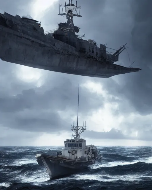 Image similar to establishing shot of a fishing boat on stormy seas, a gigantic star destroyer spaceship flying overhead, stormy weather, unreal engine, hyper realism, realistic shading, cinematic composition, realistic render, octane render, detailed textures, photorealistic, ultrawide shot, 16mm lens