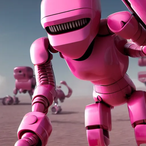 Image similar to a woman battles pink robots, octane render, cgsociety, detailed