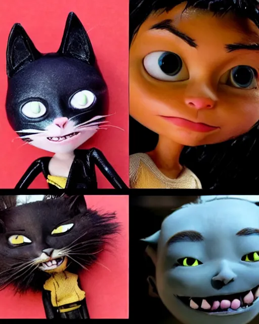 Prompt: zoe kravitz ’ s cat woman as a highly detailed stop motion puppet, in the style of laika studios ’ s paranorman, coraline, kubo and the two strings shot in the style