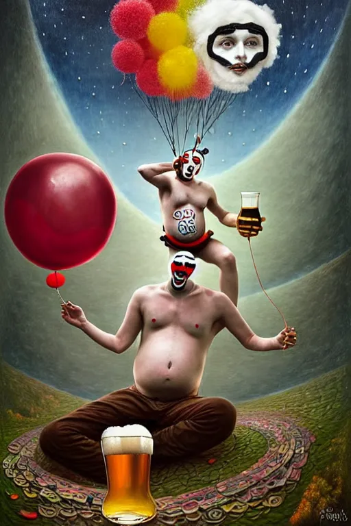 Prompt: Gediminas_Pranckevicius a dramatic, epic, ethereal painting of shirtless Ari Shaffir dressed as clown with a beer belly wearing a large belt and bandana offering a balloon animal | he is relaxing by a campfire | background is a late night with food and jugs of whisky | stars, tarot card, art deco, art nouveau, mosaic, intricate | by Mark Maggiori | trending on artstation