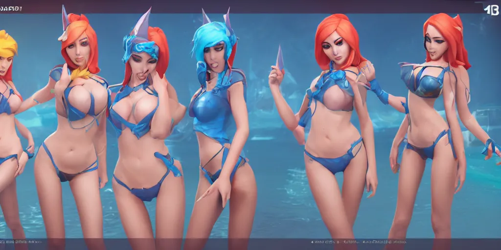 Prompt: Character sheet of pool party miss fortune (League of Legends). 3d, unreal engine 5, trending on artstation