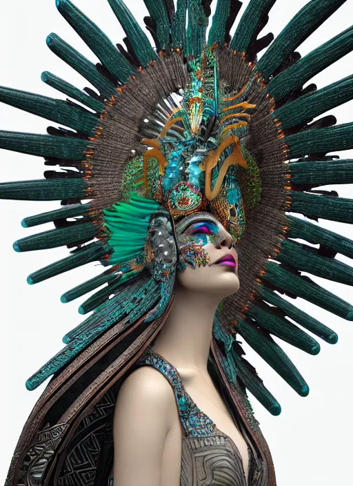 Image similar to 3 d goddess close - up profile portrait. beautiful intricate highly detailed mexican magpie helm and traditional mexican huipil! quetzalcoatl, stingray, bio luminescent, plasma, lava, ice, water, wind, stormy, creature, artwork by tooth wu and wlop and annie leibovitz, octane 3 d render