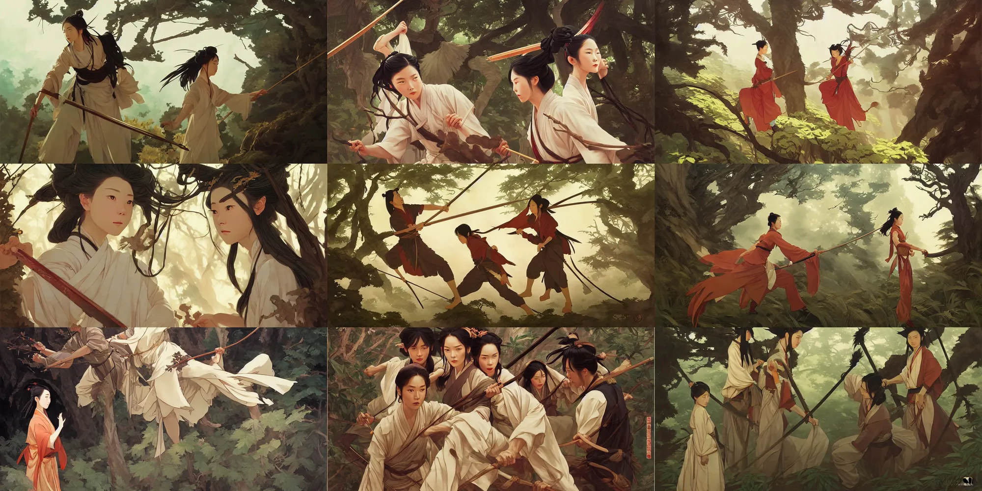 Prompt: wuxia, forest, in the style of studio ghibli, j. c. leyendecker, greg rutkowski, artem