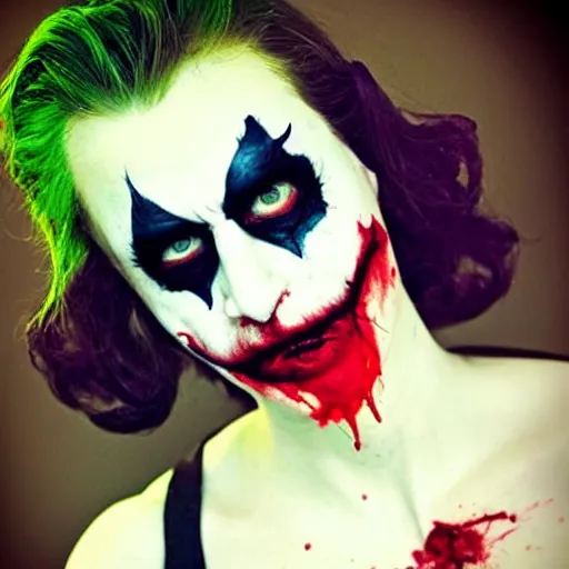 Image similar to joker cosplay, creepy, disturbing, bloody, femenine body, grainy, beautiful - h 7 6 8