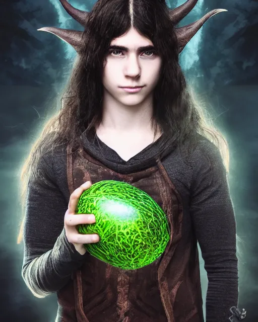 Prompt: portrait of elven teenage boy mage with long black hair holding dragon egg modern fantasy 4 k ultra high resolution