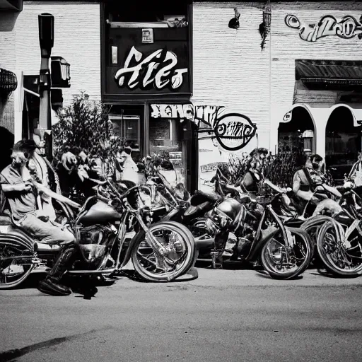 Prompt: a biker gang of coyotes, waiting outside a bar, smoking cigarettes and drinking beer, 25mm, black and white photography