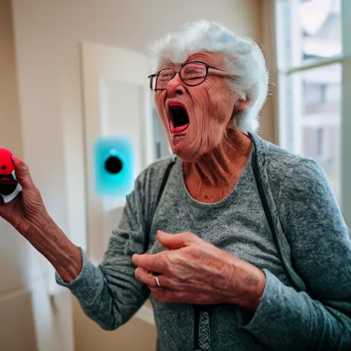 Image similar to elderly woman screaming at a nintendo switch, canon eos r 3, f / 1. 4, iso 2 0 0, 1 / 1 6 0 s, 8 k, raw, unedited, symmetrical balance, wide angle